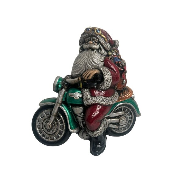 Santa Claus Riding Motorcycle Christmas Figurine 9 in Hand-Painted Resin Decor - Picture 1 of 8